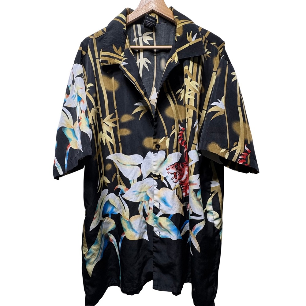 Unbranded Tiger Bamboo Print Shirt Mens XL Black Polyester Short Sleeve Tropical